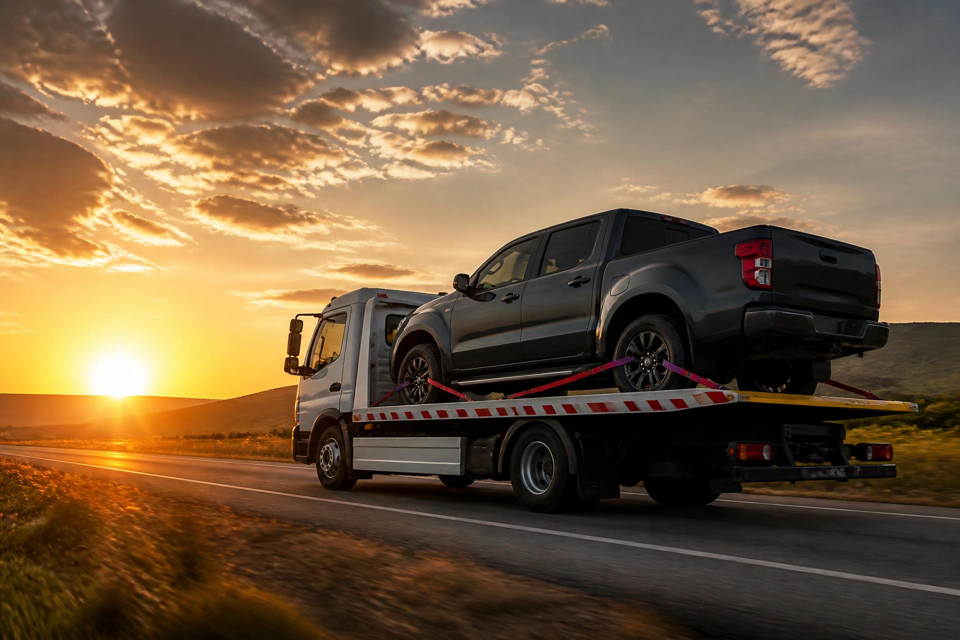 Professional flatbed recovery truck transporting a car on a UK road at golden hour